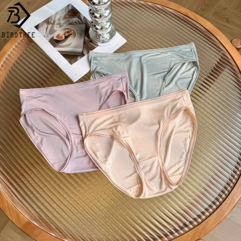 Birdtree Women 100% Mulberry Silk Panties,Elastic Middle Waist Traceless Breathable Underwear Briefs,Health 2025 New P57428JF