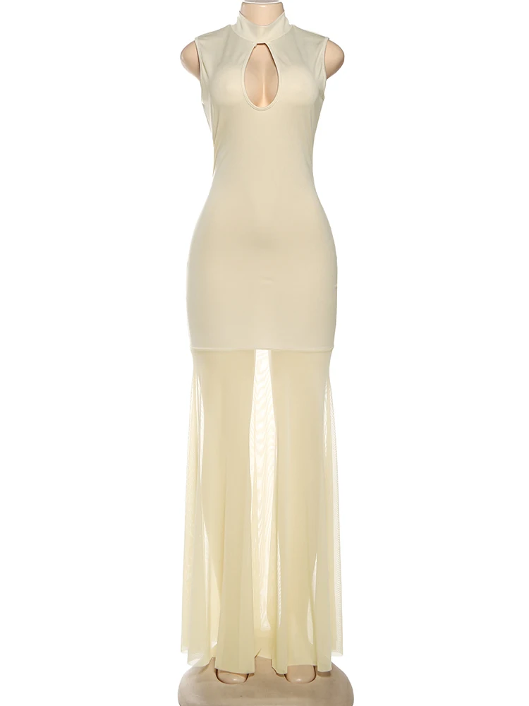 Kliou Sexy Holle Lange Jurk Vrouw Half Hoge Kraag Mouwloos Hoge Taille Mesh Patchwork Zoom Middernacht Prom Party Elegante Bodycon