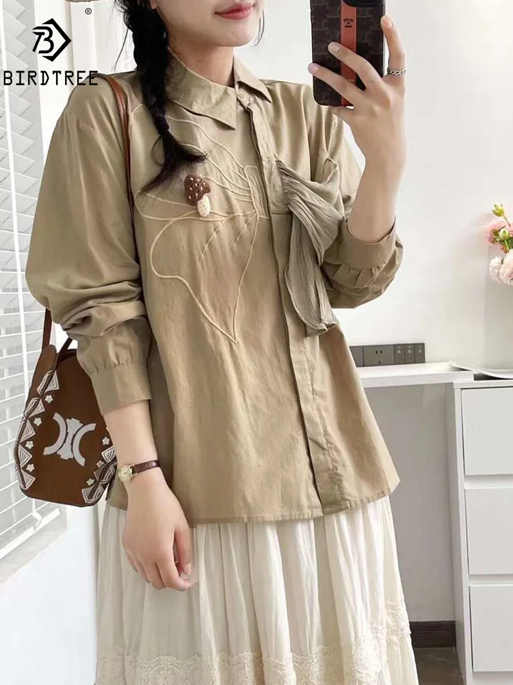 

New Spring Cotton Casual Shirt Women Long Sleeve Bow Embroidery Top Mori Girl Loose Sweet Office Blouses 2024 Summer T456135QM