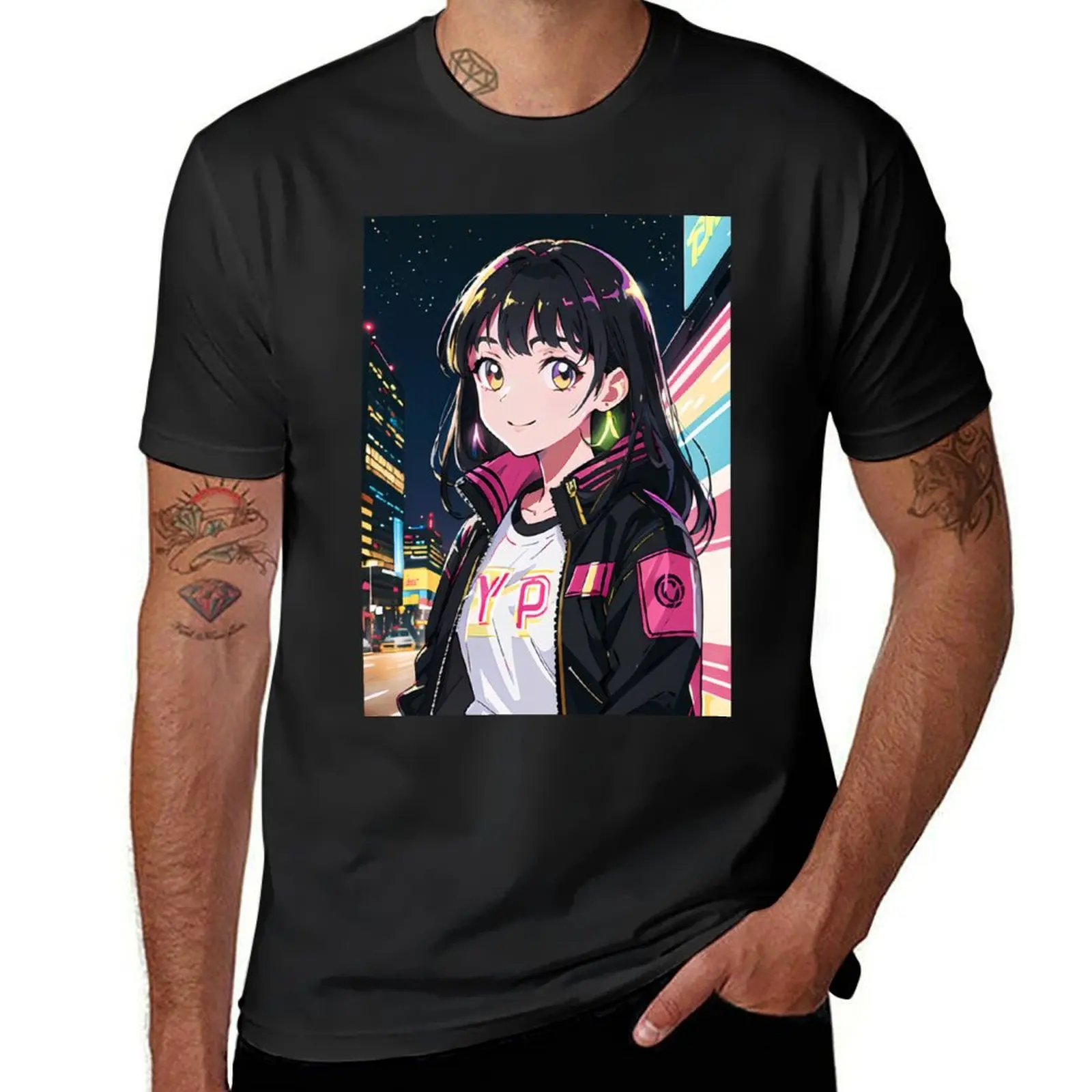 Anime Girl Portrait Urban City T-shirt quick drying heavyweights mens cotton t shirts