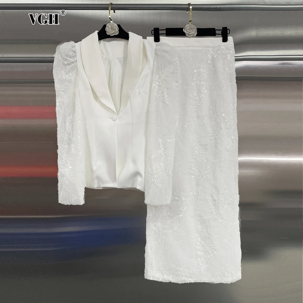 

VGH White Spliced Sequin Two Piece Set for Women Lapel Long Sleeve Tnic Blazer High Waist Bodycon Skirt Embroidery Suit Female