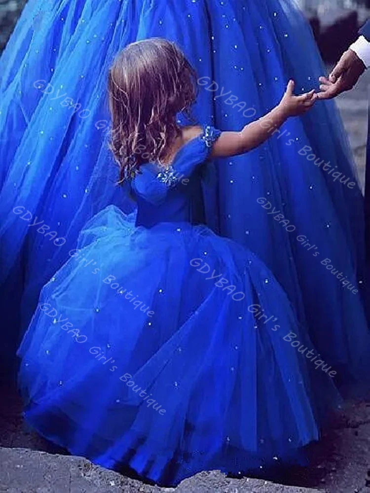 

Royal Blue Flower Girls Dress for Wedding Beaded Tulle Cinderella Dress Puffy Off Shoulder Customized 2-14 Kids Party Ball Gown