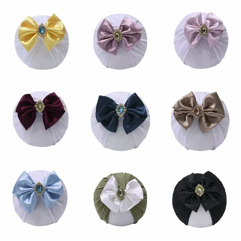 1PCS Shining Rhinestone Satin Bows Infant Hats Fashion Handmade Bowknot Baby Girls Caps Kids Accessories Photography Props