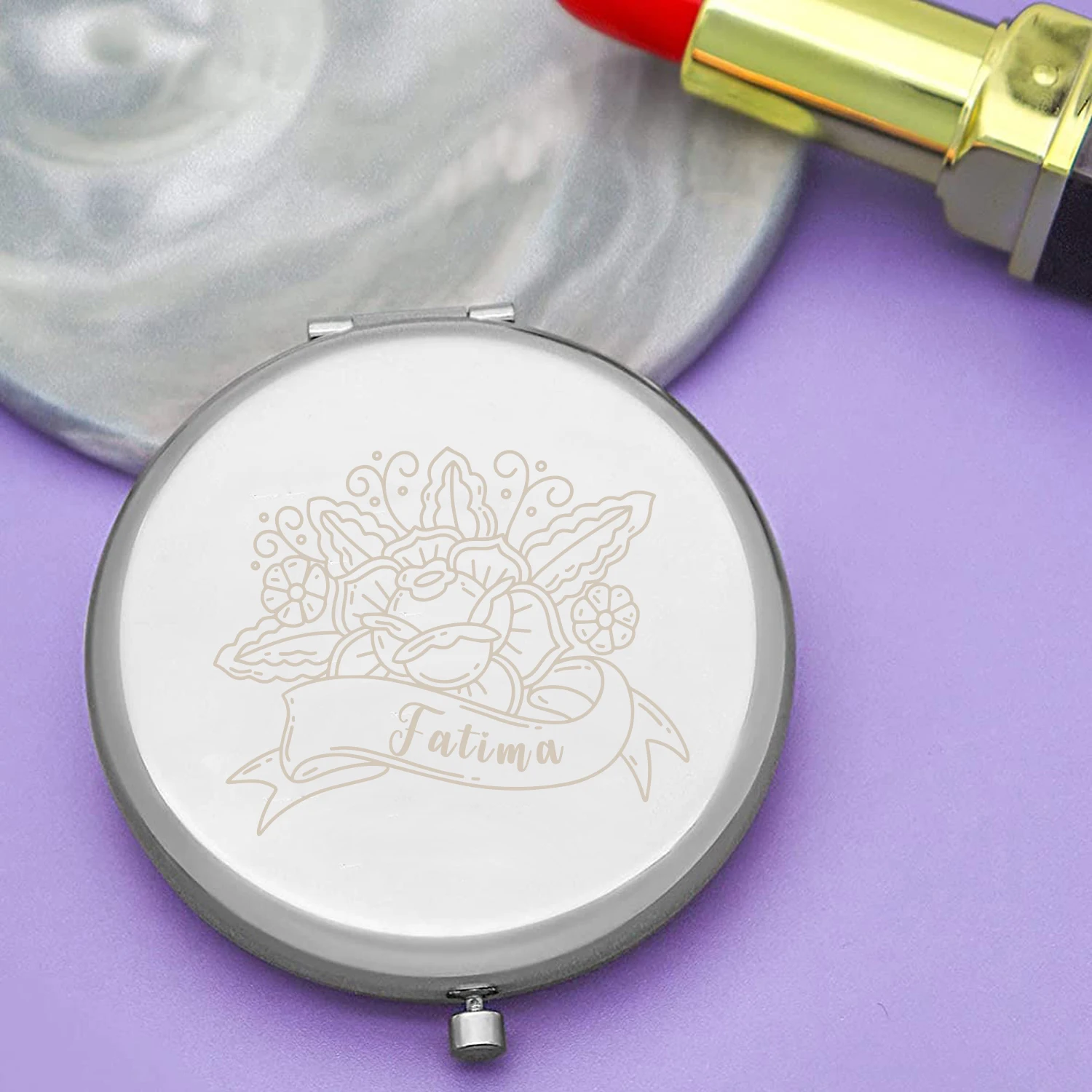 

1pc flower New Design Old Engraving Custom Name Makeup Mirror Metal gold Christening Souvenir