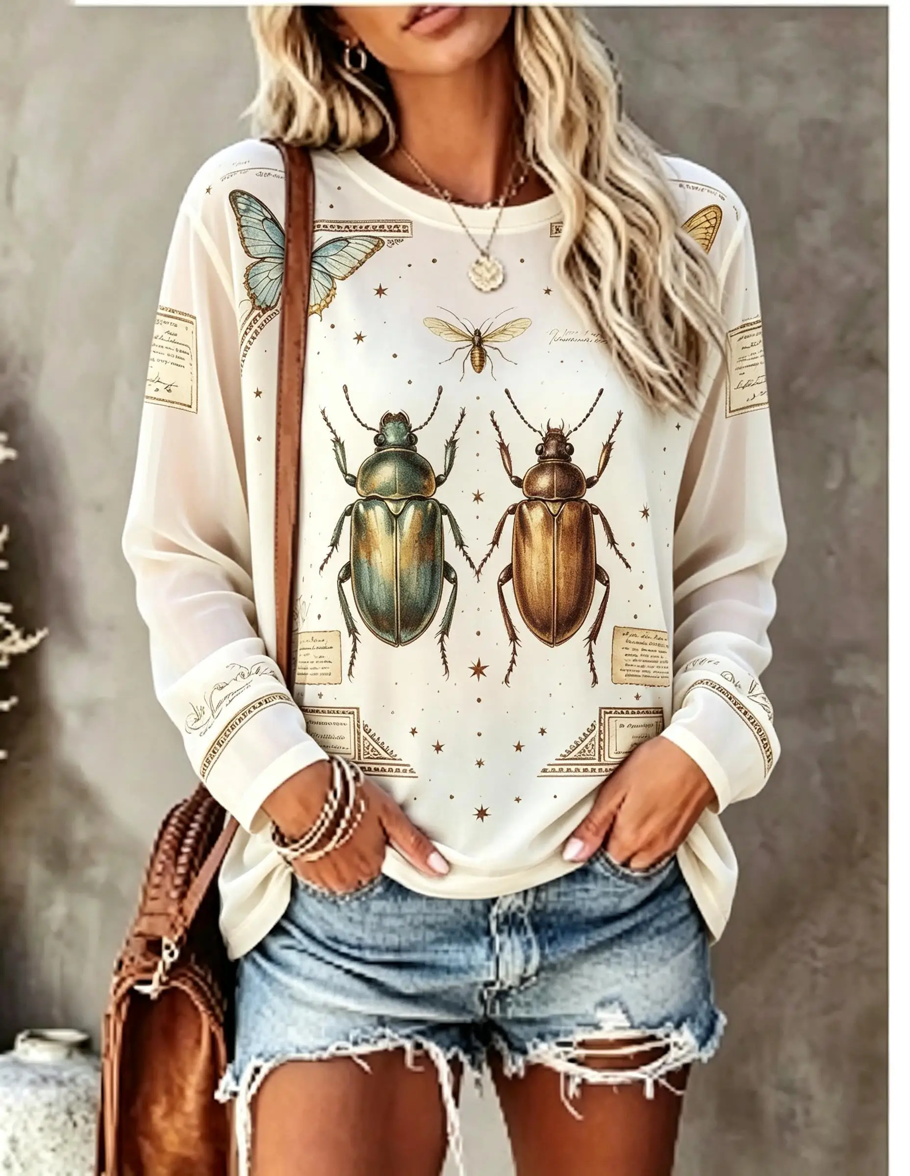 Women Long Sleeve T‑Shirt Vintage Butterfly Insect Bee Botanical Leaf Print Crew Neck Casual Loose Tops