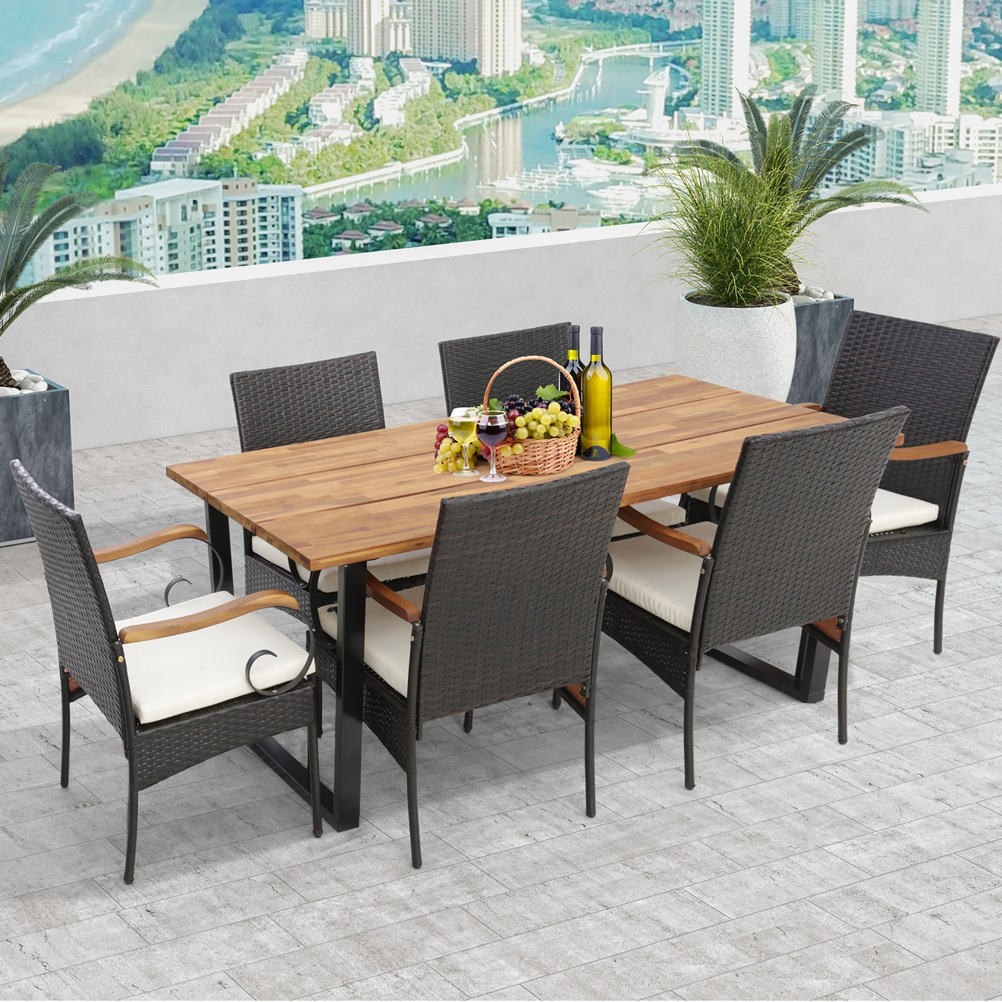 

7 PCS Patio Rattan Dining Set Acacia Wood Table 6 Wicker Chairs with Umbrella Hole