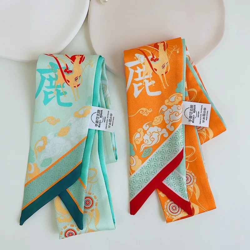 Dunhuang Small Silk Scarf New Print Handle Bag Ribbons Brand Fashion Head Scarf Small Long Skinny Scarves For Women