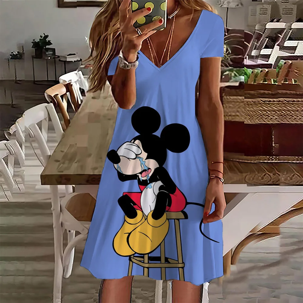 

Women's Sundress hort Sleeve Disney Mickey Mouse Print Summer Casual VNeck Loose Dresses Plus Size 2024 Female Clothing Vestidos