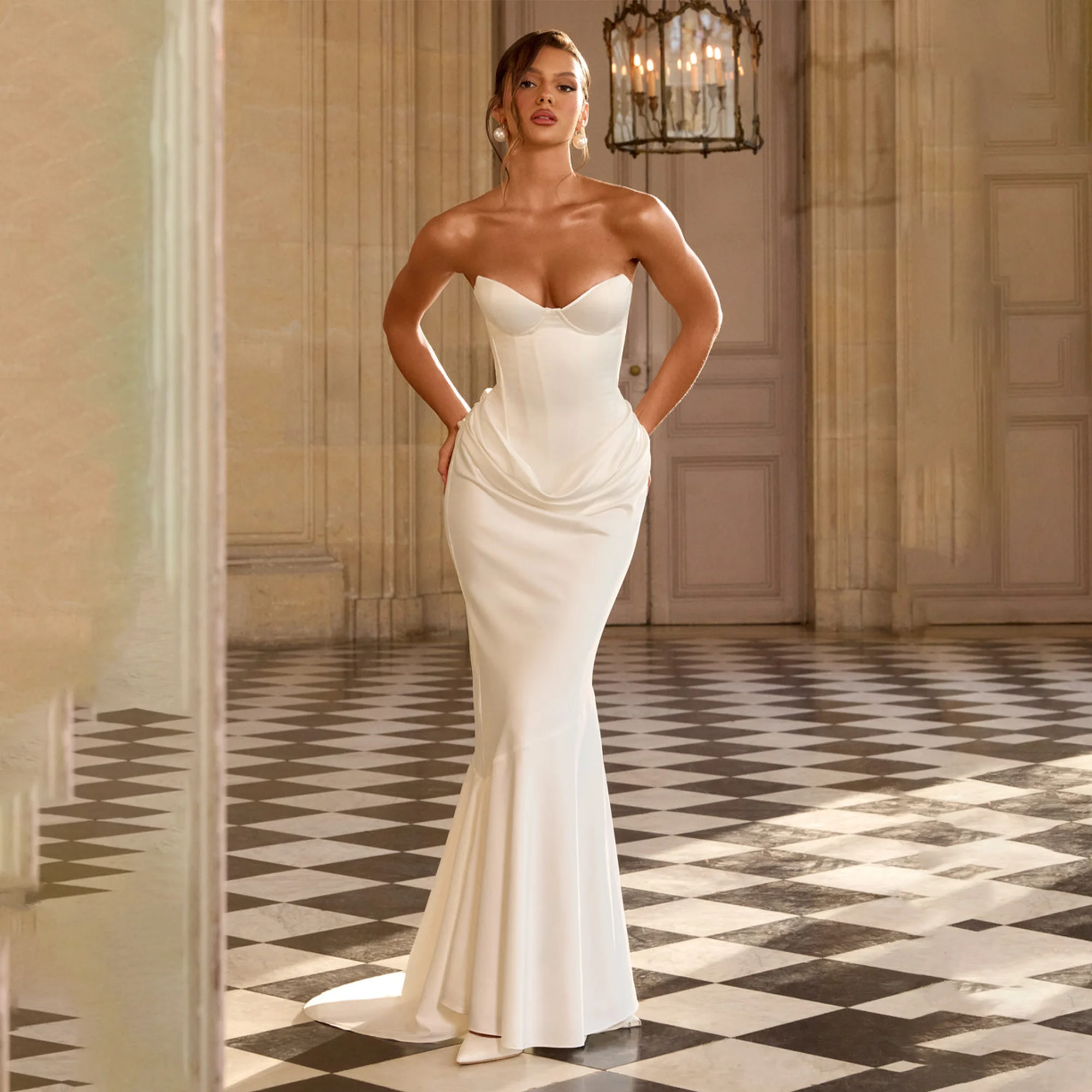 White Strapless Satin Mermaid Wedding Dress 2026 Sweetheart Neck Corset Bridal Gown For Women Bridal Party Formal Customized