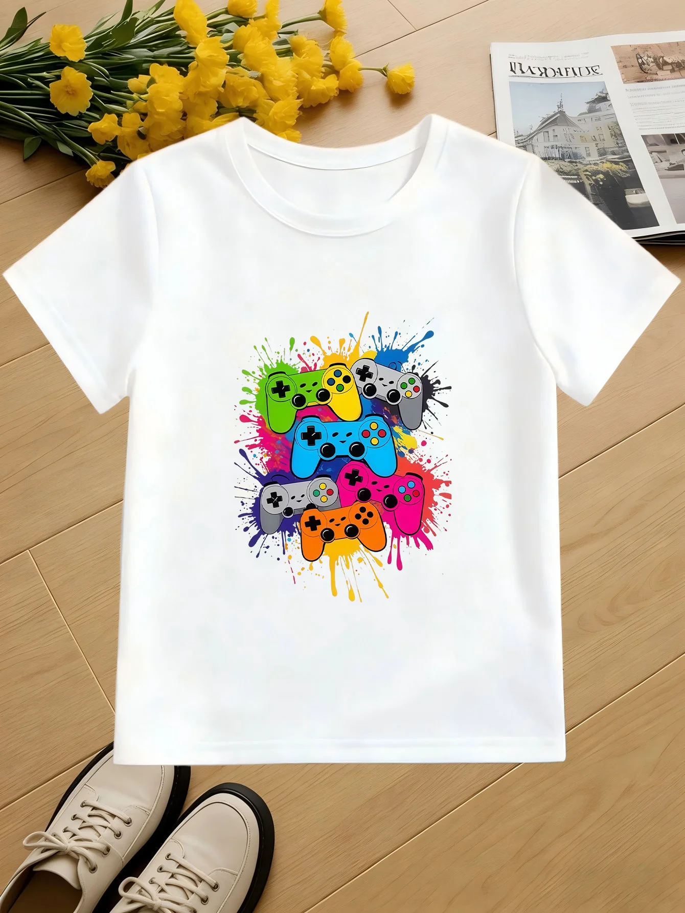 Colorful Game Controller Kid Tee Splash Gaming Print Boys Girls Family Matching Cotton Summer Short Sleeve Basic Children Tshirt