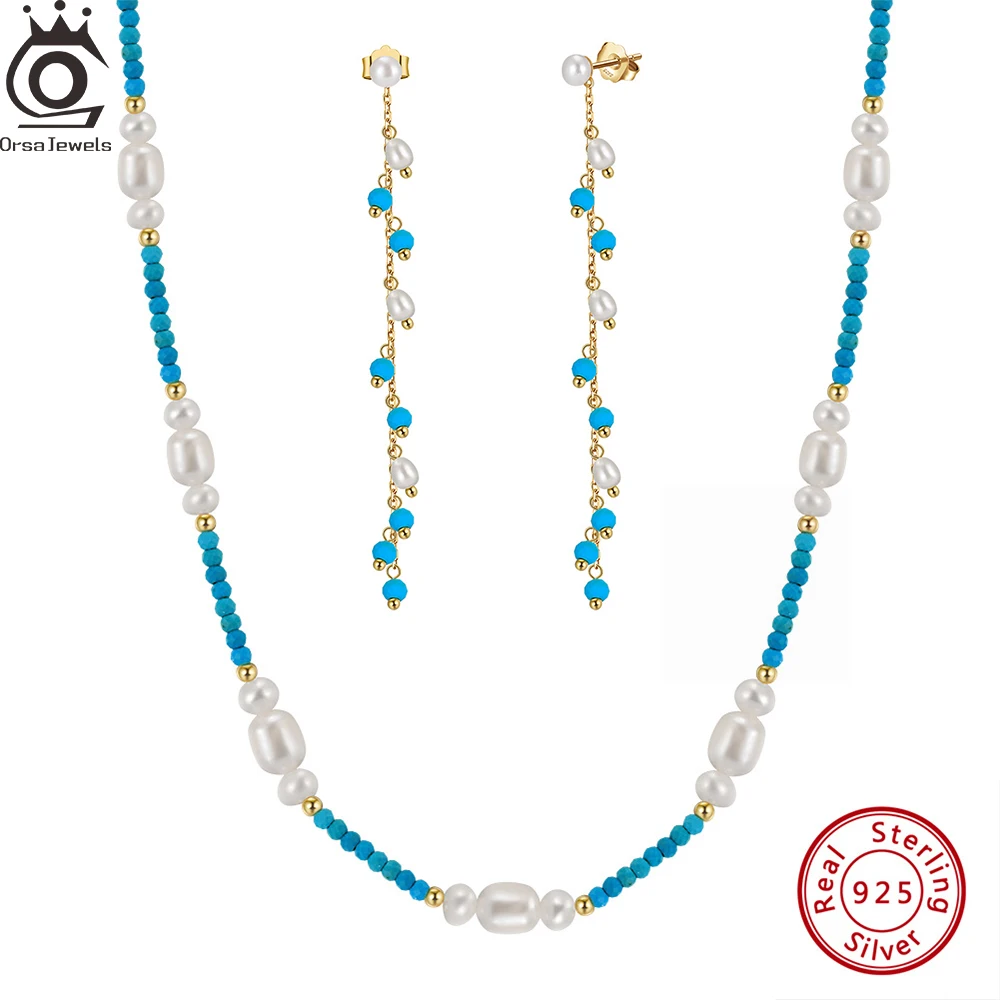 

ORSA JEWELS Bohemian Style 925 Steling Silver Turquoise Beaded Necklace with Freshwater Pearls Women Natural Stone Jewelry MPN03