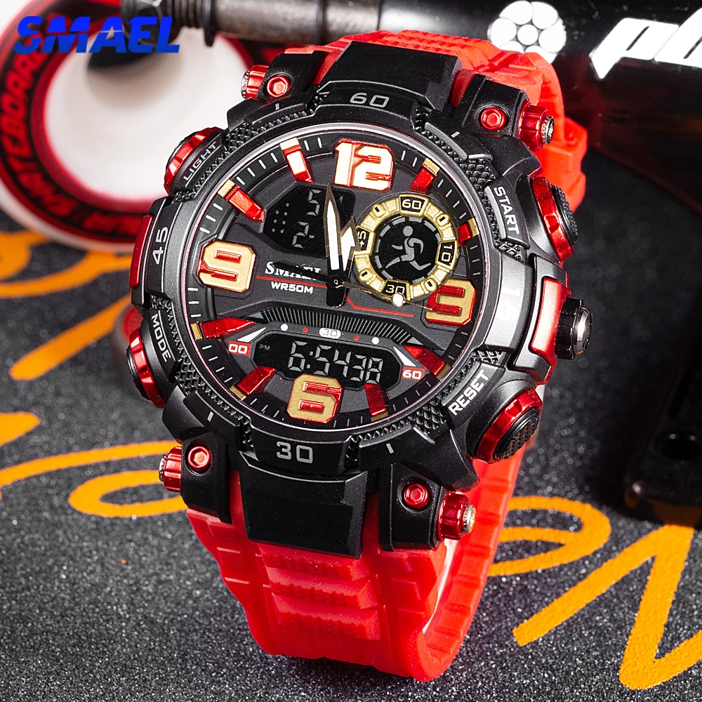 SMAEL Sport Watch Men Quartz Electronic Watches Waterproof 5Bar Dual Time Men's Military Wristwatch Shock Resistant Alarm Clock