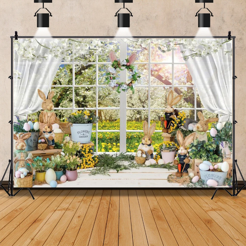 Mùa Xuân Lễ Phục Sinh Phông Nền Chụp Ảnh Tai Thỏ Trứng Vườn Hoa Bé Chân Dung Chụp Ảnh Trang Trí Tiệc Ảnh Nền