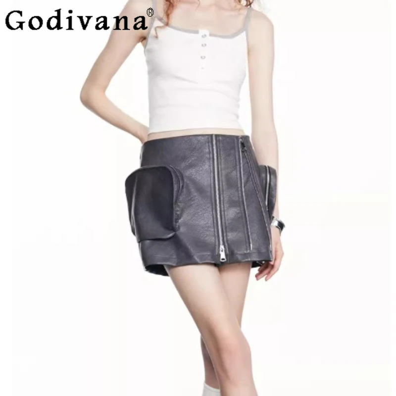 

Spring New American Retro Sexy Dark Gray PU Leather Skirt Personalized Girl High Waist Zipper Solid Color Versatile Short Skirts