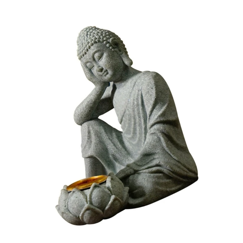 Statuetta in meditazione Scultura in pietra con portacandele Tealight Statua da meditazione Giardino decorazione per