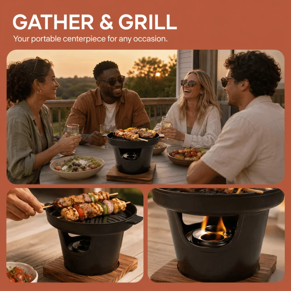 Wood Aluminum Alloy Mini BBQ Grill Black Wooden Trivet Hibachi Grill Burner Stove Smokeless Design Tabletop Barbecue Grill