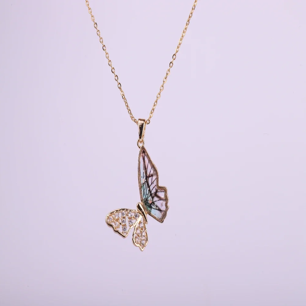 Collana a farfalla da donna - Eleganti gioielli con ciondolo scavato con zirconio ramato e zirconi micro intarsiati, C alla moda