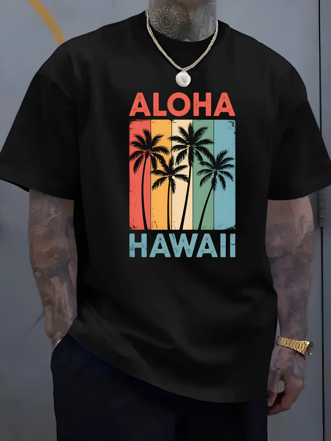 Men's Black Retro Crew Neck Tee Rainbow Vertical Stripes Palm Tree Aloha Hawaii Vintage Tropical Beach Casual Cotton Top