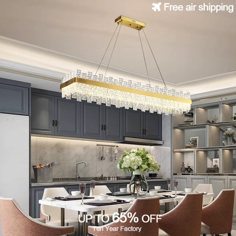 ثريا حديثة فاخرة من الفولاذ المقاوم للصدأ من الزجاج البلوري الشفاف مع إضاءة LED معلقة لتركيبات غرفة الطعام