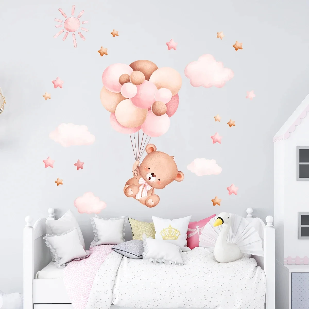 Watercolor Cartoon Balloon Bear Furniture Wall Sticker Kids Room Home Decoration for Baby Room Decor Girls Bedroom Living Room