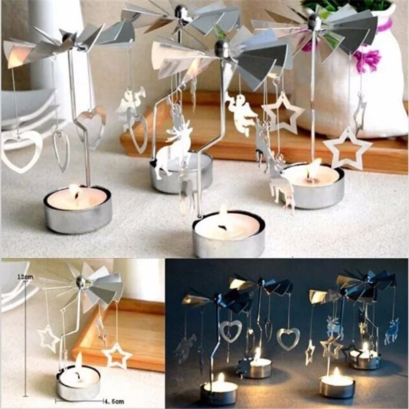 Christmas Decorations Spinning Rotary Metal Carousel Tea Light Candle Holder Stand Light Xmas Gift Candelabra for Home