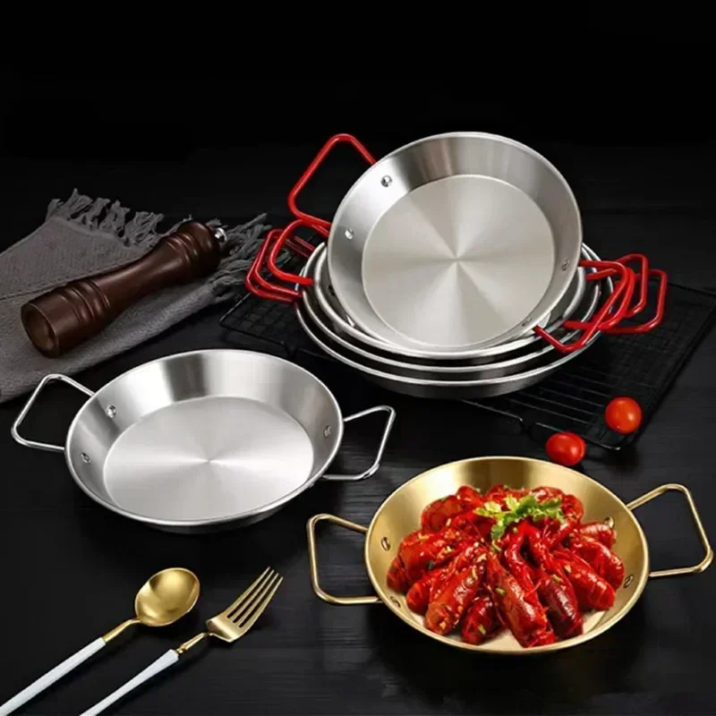 18-26cm Durable Stainless Steel Frying Pans with Double Ear Spanish Paella Saucepan Non-Stick Kitchen Cooking Pots Kitchenware