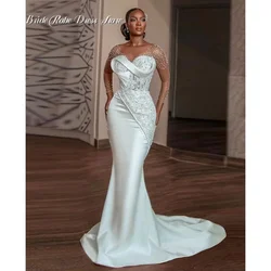 Custom Africa Satin Sheer Neck Mermaid Wedding Dresses for Bride Long Sleeve Appliques Beading Pleats Women Bridal Gowns 2025