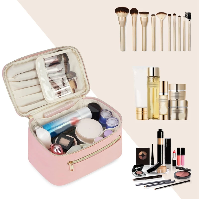 ASDS-Bolsa de maquillaje, organizador de maquillaje de viaje, bolsas de brochas cosméticas, estuche para mujeres en cuero vegano ecológico