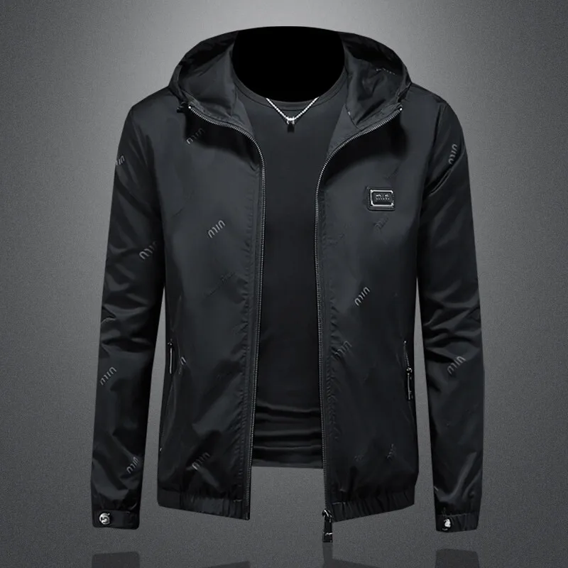 

Spring 2026 Men's Hooded Jaet Trendy Glass Pattern Polyester Nylon Cosite Fiber Stand Fit Casual Sle Windproof Zipp...