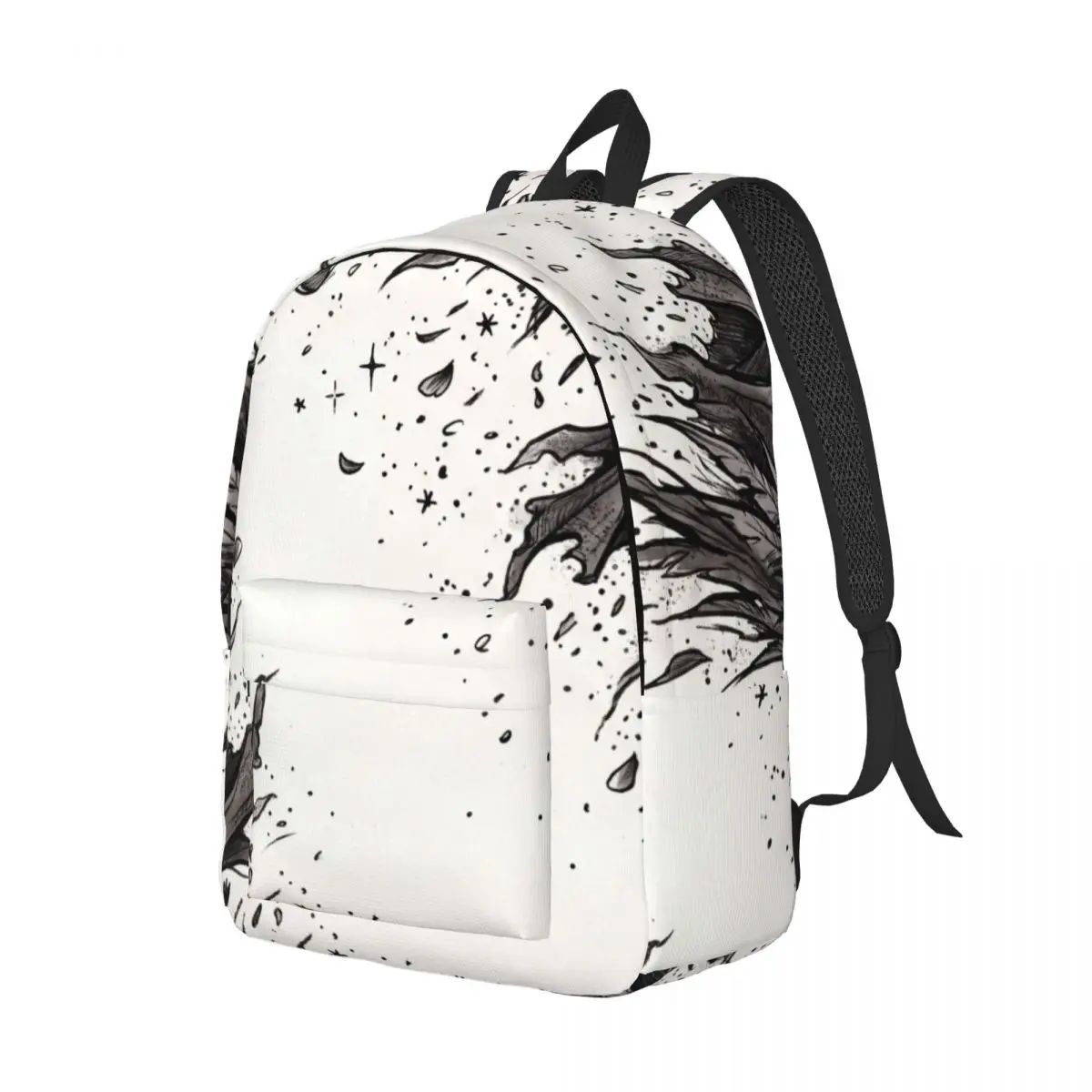 Punk Printed Backpack Corner Cascade Winged Thorn Halo Dark Wing Line Art Silver Smoke Gray Edgy Daypack for School Work Weekend