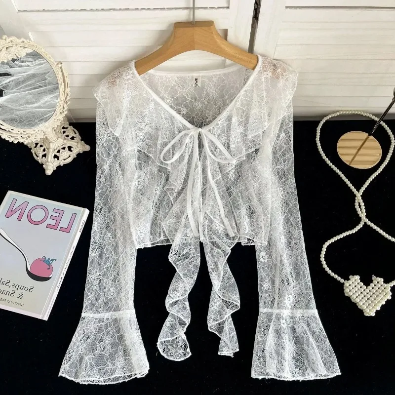 

Lace Trim Belted Short Lightweight Summer Sleeveless Sun Protection Cardigan Women's V-Neck Polyester Mesh Hollow out Design