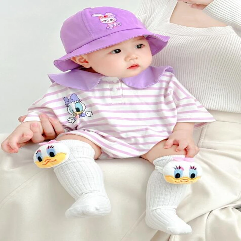 

New Baby Girls Rompers Boys Newborn Socks Hat 3PCS Clothes Set Short Sleeve Cartoon Donald Duck Cotton Jumpsuit Infant Bodysuits