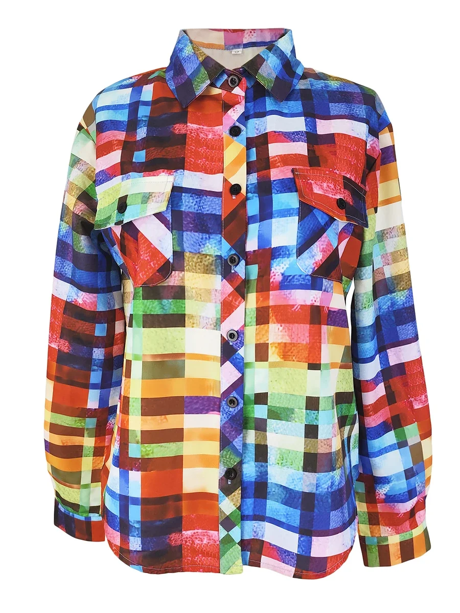 Plus Size Women Plaid Shirt Long Sleeve Button Down Casual Blouses Autumn Winter Vintage Checkered Print Tops Streetwear Fashion
