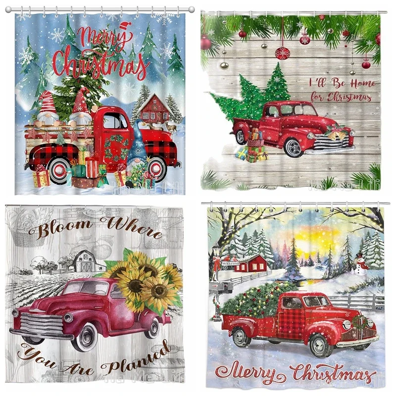 Colorful Christmas is Coming Red Trucks Lovely Gnomes Xmas Tree Bloom Shower Curtains For Blessing