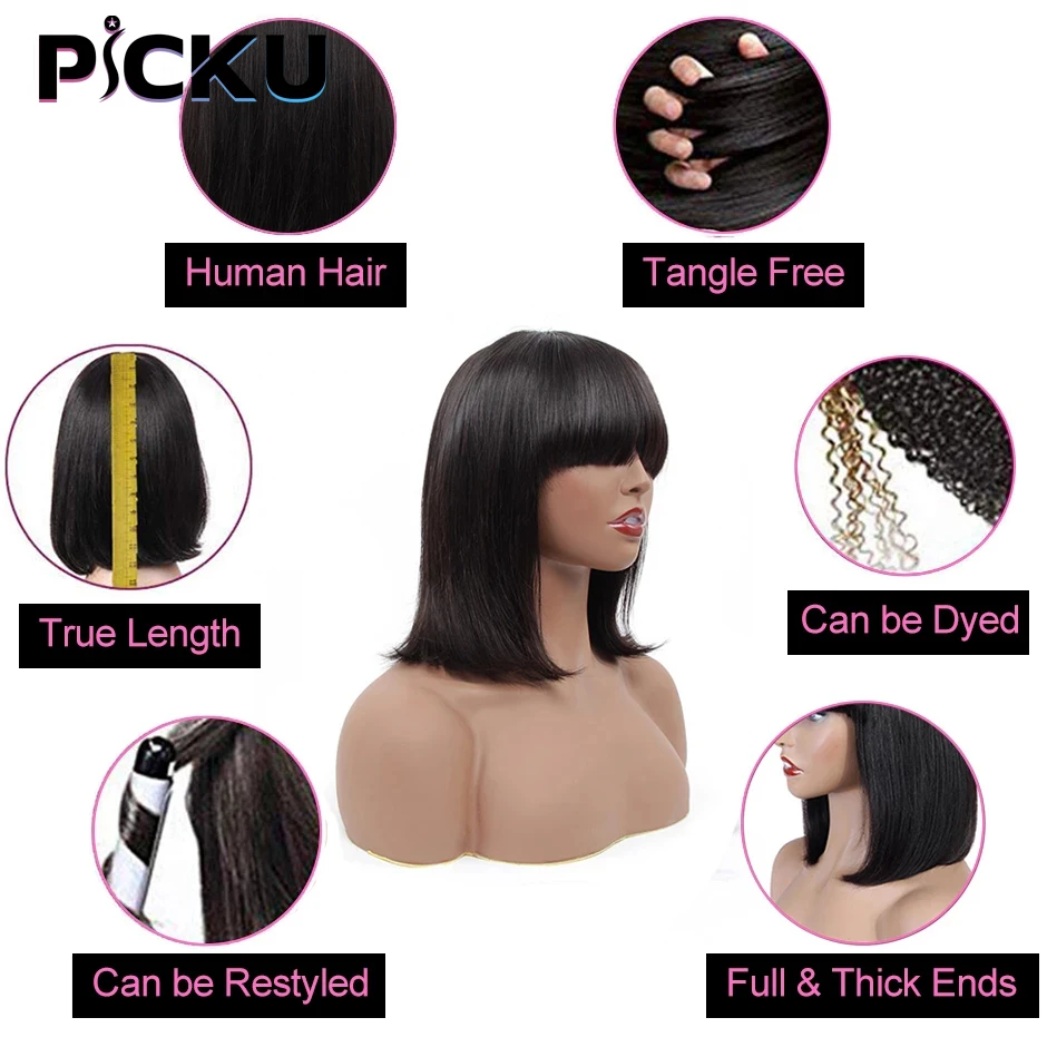 Brazilian Human Hair Wig with Bangs Remy Straight Hair Bob Wigs Full Machine Made Wig for Women 8-16 Inches No Lace Bob Wigs