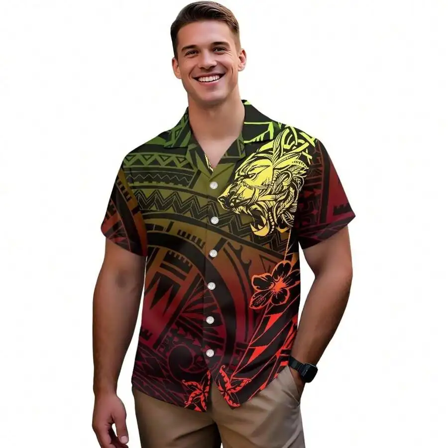 

Mens Hawaiian Shirt Ethnic Tribal Print Casual Short Sleeve Curved Hem Quick Dry