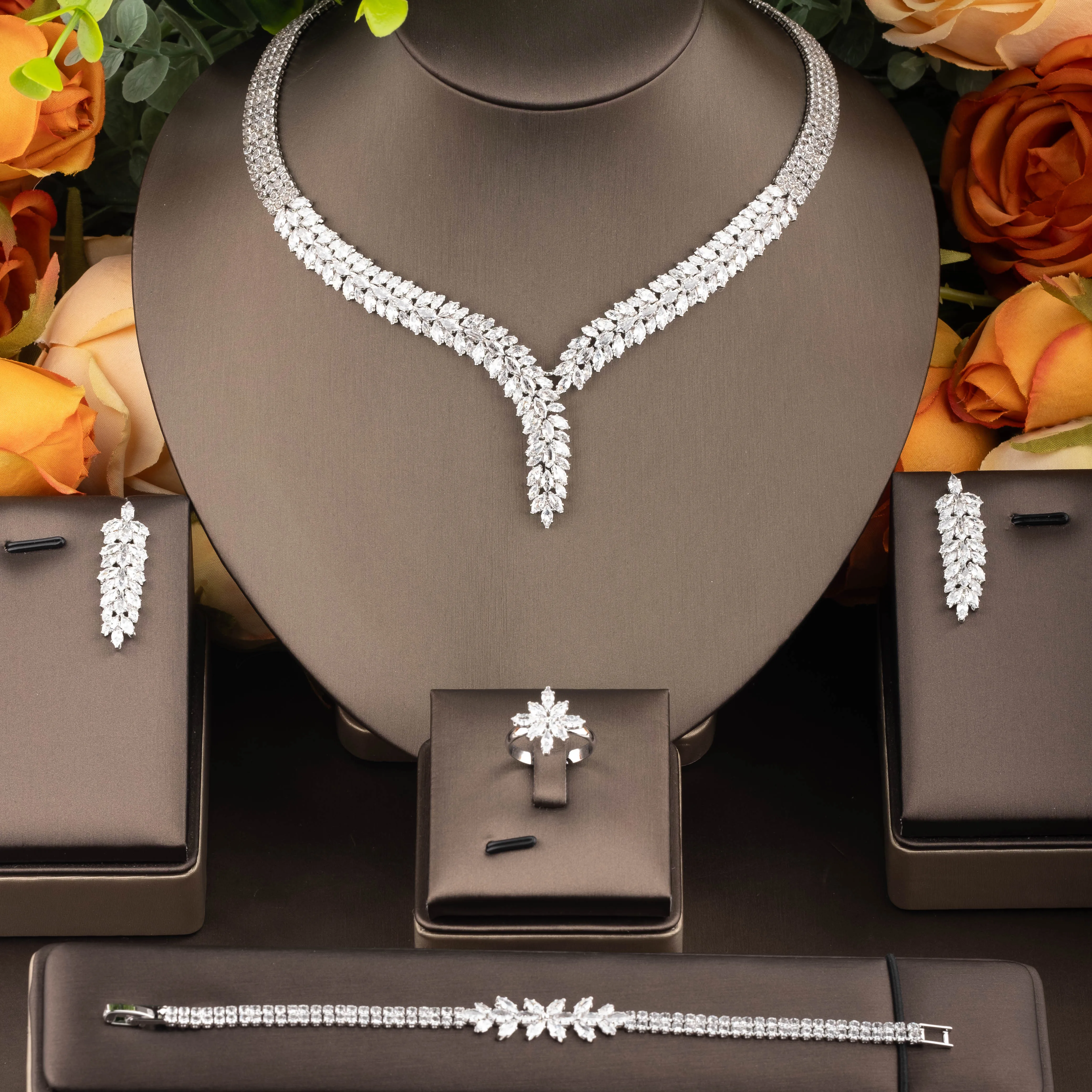 1 set of elegant jewelry set with sparkling cubic zirconia in a wheat ear shape and V-neck design, suitable for women to wear at parties and banquets. Gift box not included