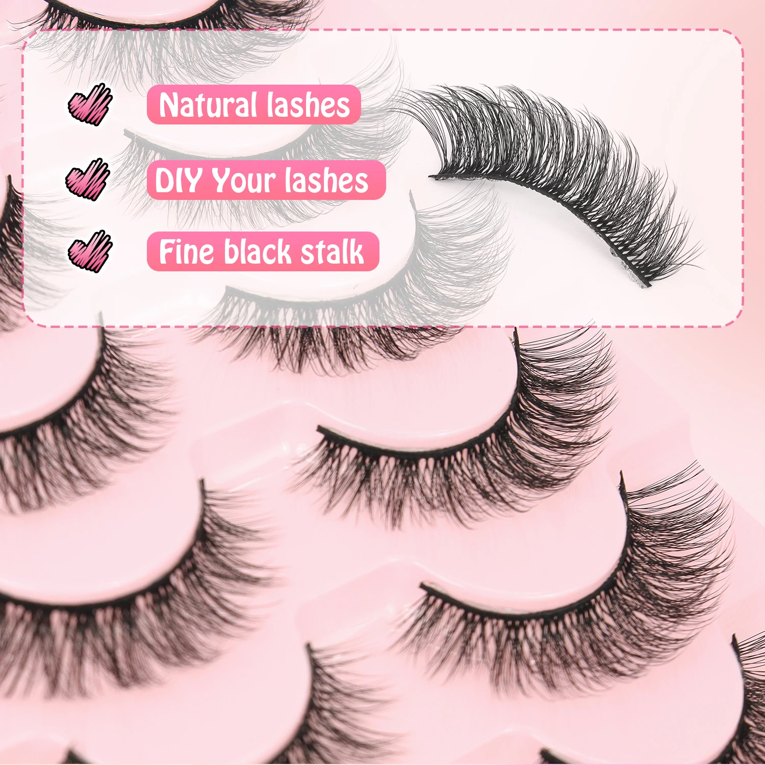 ขนตาปลอมทรงกากบาทธรรมชาติ 7 คู่ ฟูและโค้งงอ ยาวลงที่ปลายตา สวมใส่ง่าย