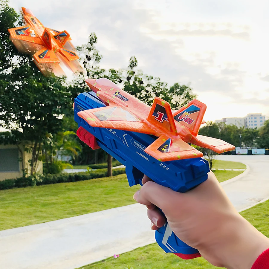 방출 거품 항공기 총 휴대용 화재 포수 던지기 어린이 야외 스포츠 장난감 어린 소년 부드러운 총알 총