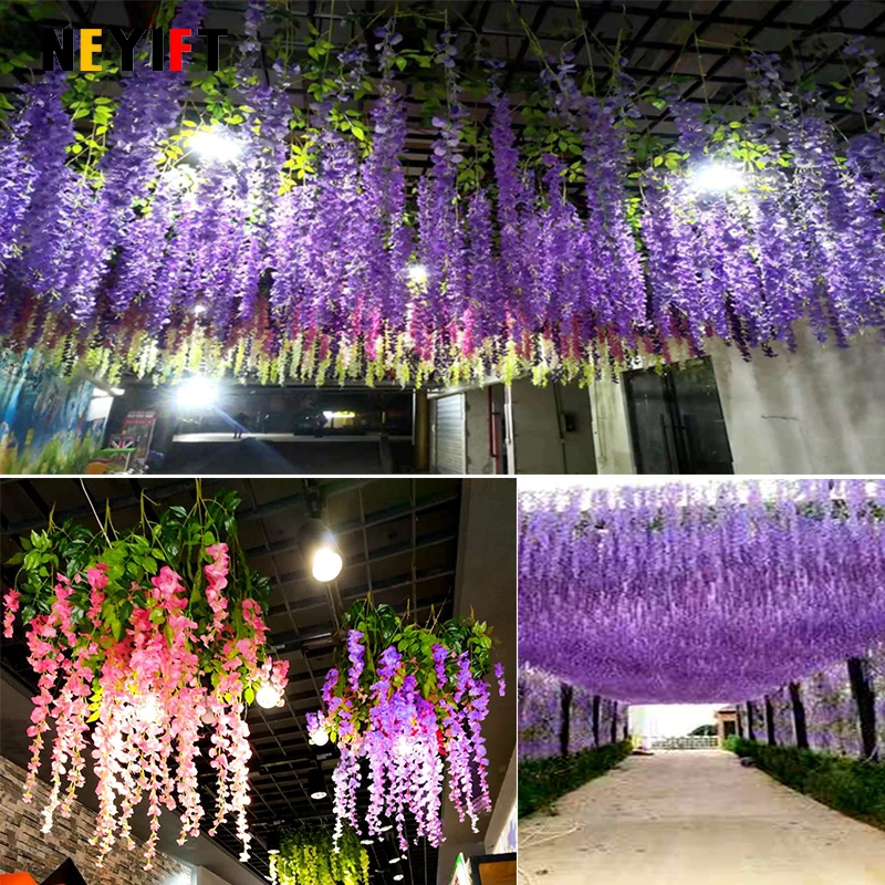 12pcs Fashion Wisteria Artificial Flowers Vine Wreath Wedding Arch Decoration Leaf Rattan Trailing Silk Flower Ivy Wall Decor Pl