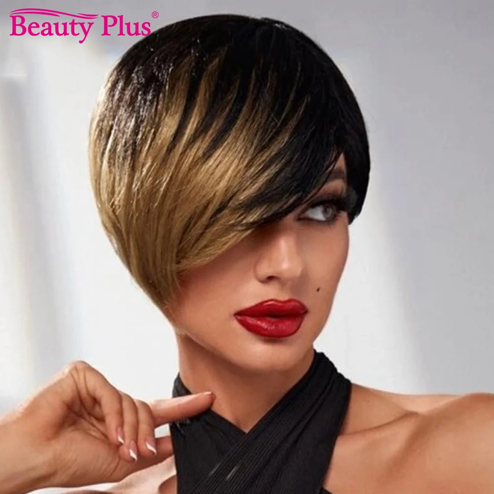 Short Straight Pixie Cut Pick Dye Human Hair Wig With Fringe Golden Yellow European And American Fashion Full Machine Made