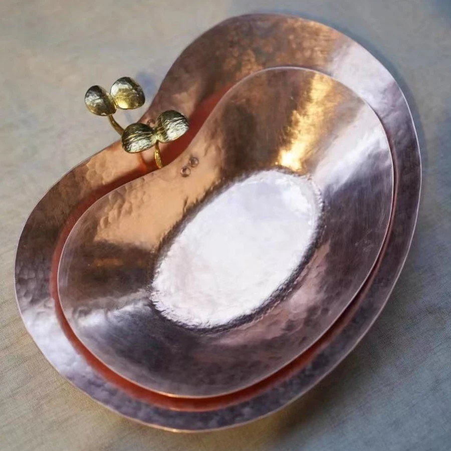 Vintage Engraving Irregular Shape Texture Copper Cake Tray,Creativity Cheese 25 cm Fruit Plate,Snack Disc Home Party Decoration