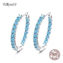 Solid Silver 30MM Hoop Earring Pave 3mm Turquoise Natural Stone 925 Sterling Silver Circle Round Earrings Fine Jewelry