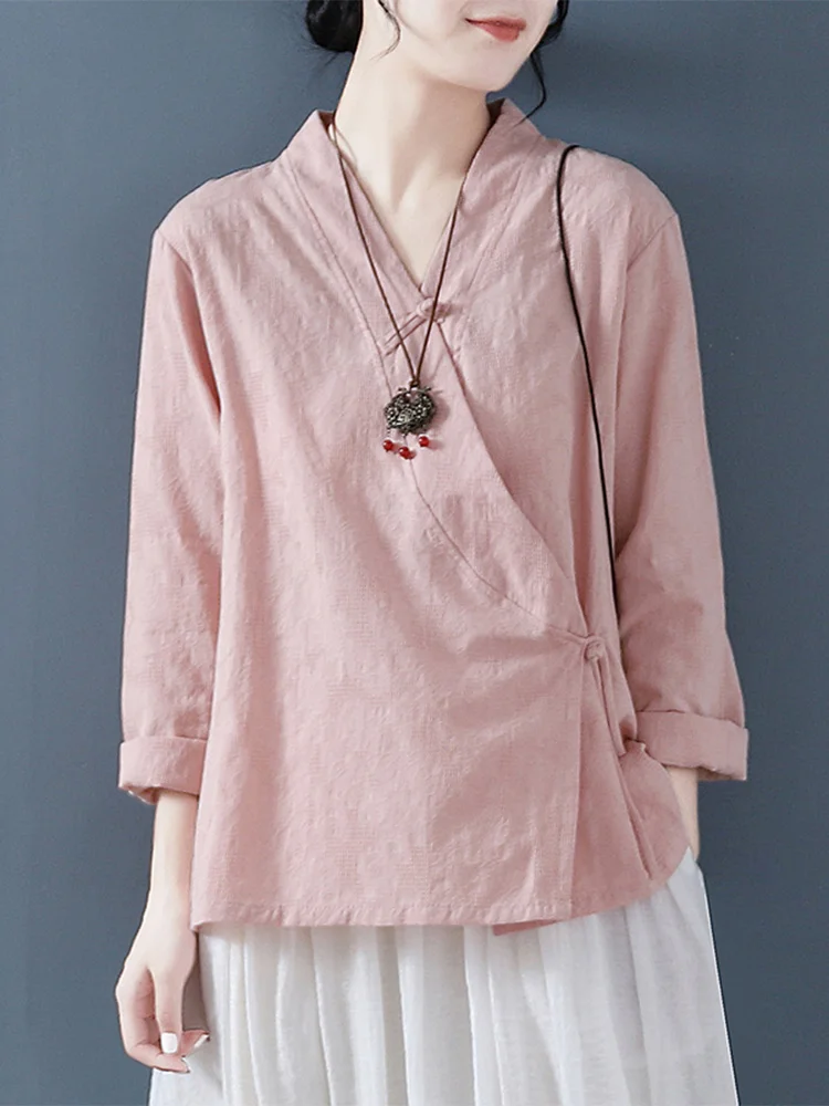 Loose Fit Long Sve Cotton Linen irt Chinese Sle Button up Top Vintage Side Buttoned irt Women's Busin Casual irt