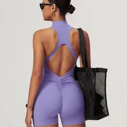 Sexy Hollow Backless Scrunch Butt Sport Jumpsuit Short Woman One Piece Gym Outfit Sleeveless Zipper Fitness Overalls Yoga Romper