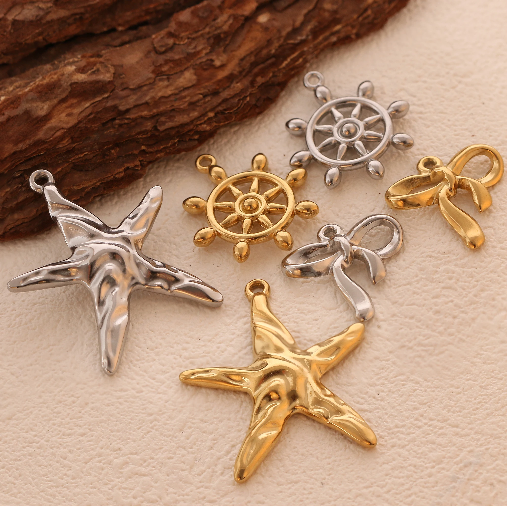 3Pcs/Lot Marine Pendants Stainless Steel Rudder Helm/Heart/Starfish/Shell/Sea Turtle Charms DIY Necklace Bracelet Jewelry Making
