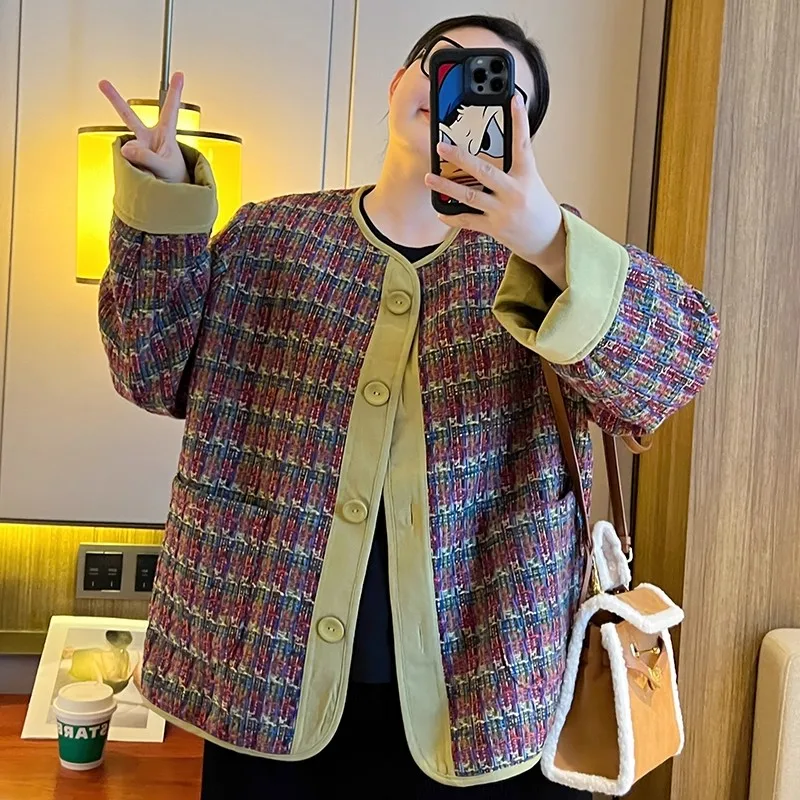 

plus Size Women's Tweed Jaet Autumn Winter Vintage Slimming Color Blo Sweet Top round Ne Long Sve Polyester Fiber