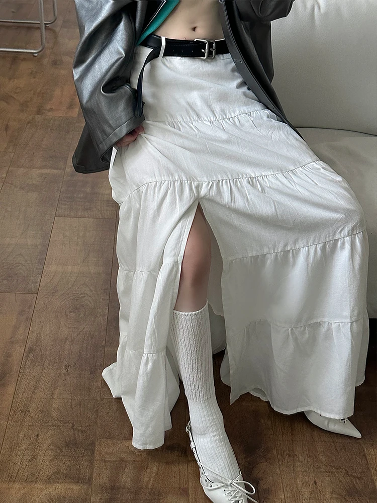 Casual White Cake Skirt Women's Floor-Length Asymmetrical Vintage Artistic Split Low Waist Linen Blend A-Line Skirt