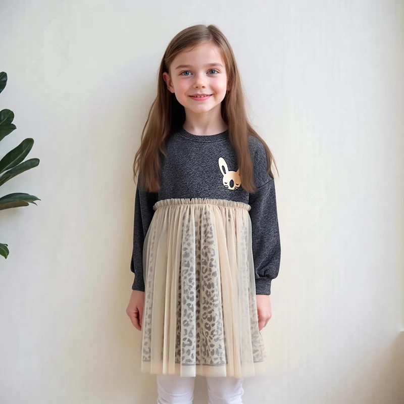Little Maven Baby Mädchen Langarm Leopard Mesh Kleid Cartoon Kaninchen Baby Mädchen Herbst Kinder Kleidung Mädchen Kostüme
