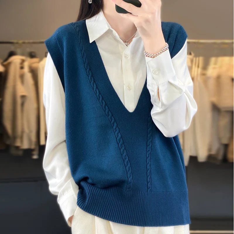 Autumn Winter Fashion New Vest Ladies Knitted Cashmere Sweater Women Sleeveless V-neck Pullover Korean Female Fashion Loose Vest